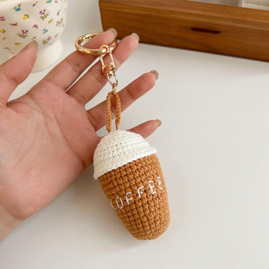 Handmade crochet coffee cup keyring in soft yarn