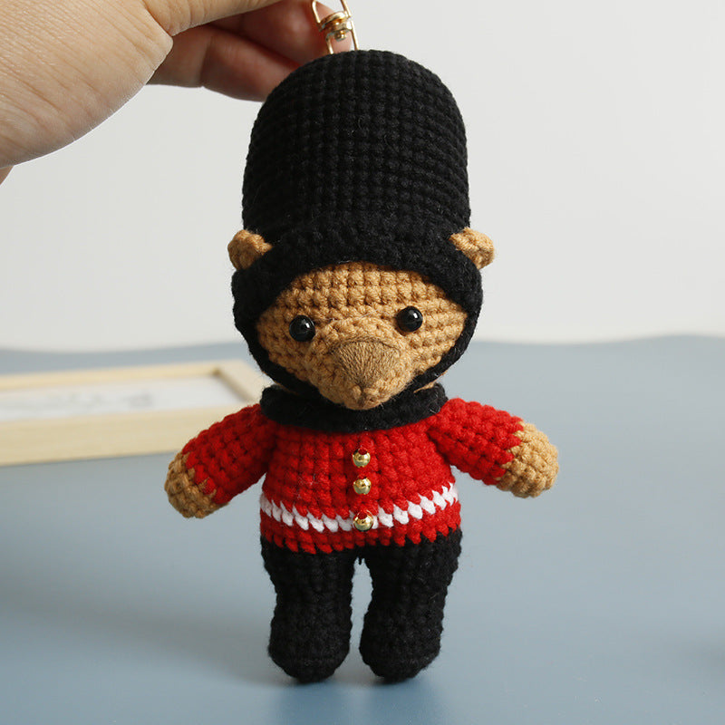 Handmade bear guard crochet keyring close-up