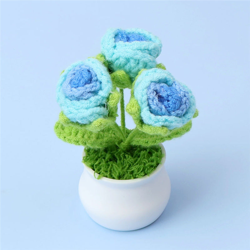 Crochet rose pot plant close-up showing petal detail