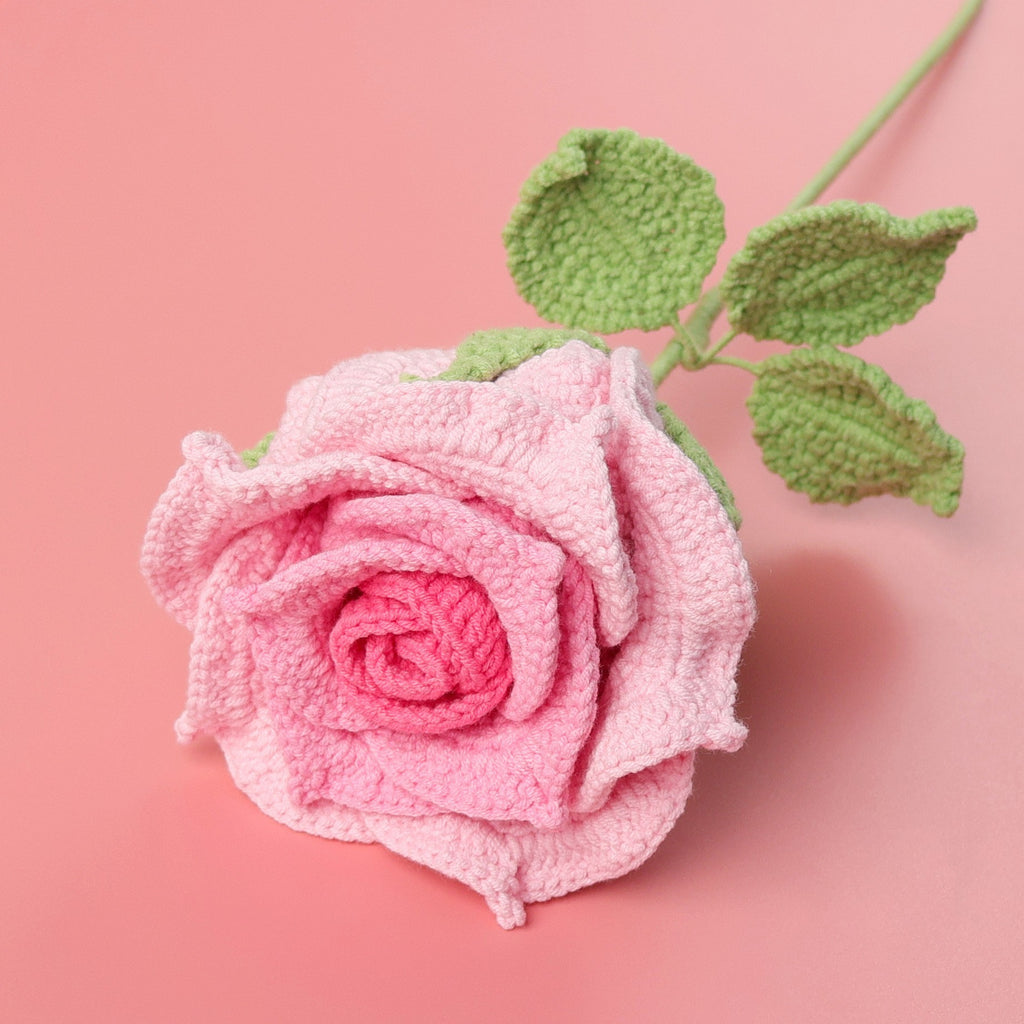 Crochet large rose stem showing full petal spread