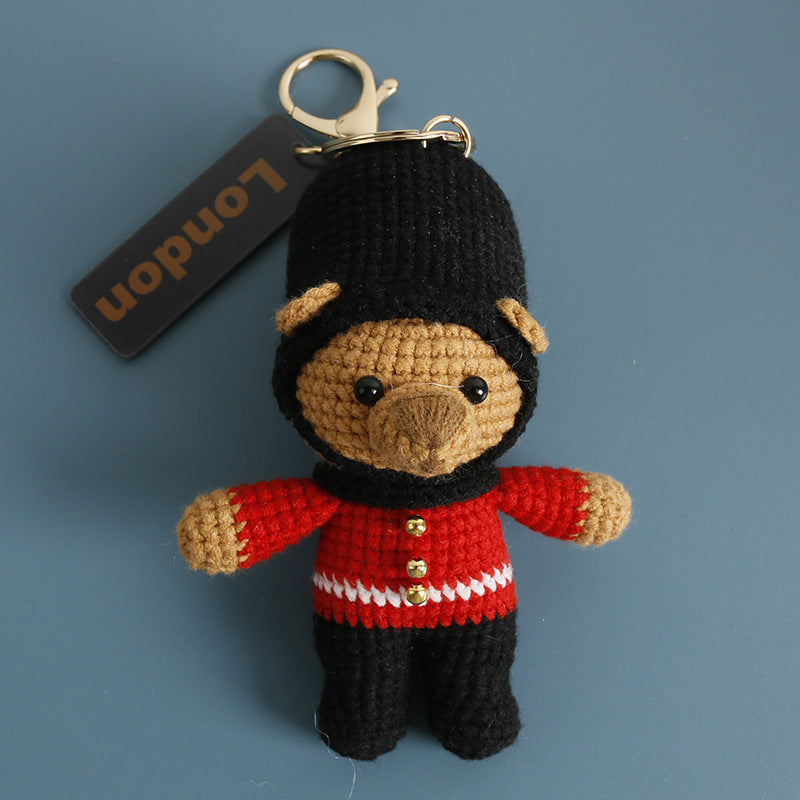 Crochet bear guard keyring showing uniform detail