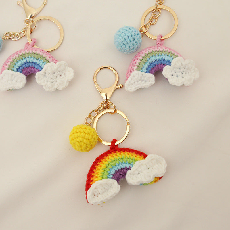 Handmade crochet rainbow keyring suitable as bag charm