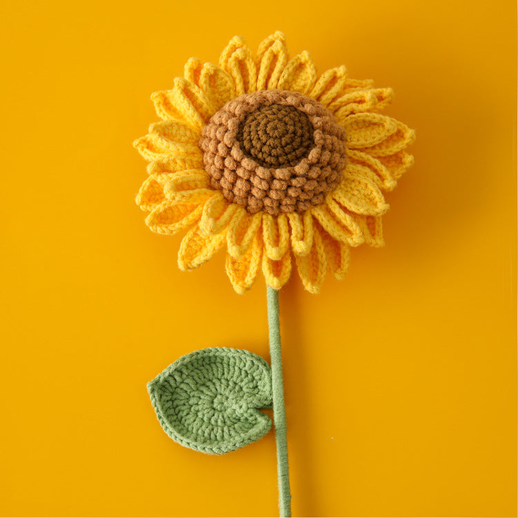 Large handmade crochet sunflower stem with full bloom