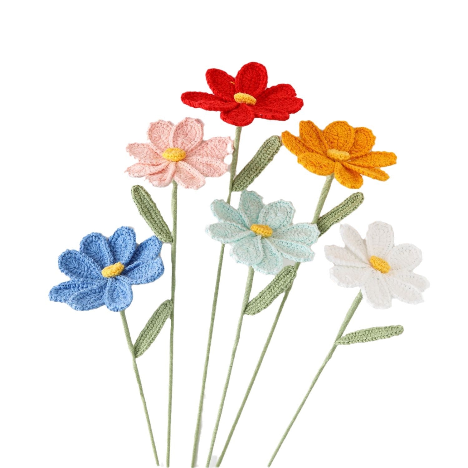 Handmade crochet cosmos stem with fine petals in soft yarn