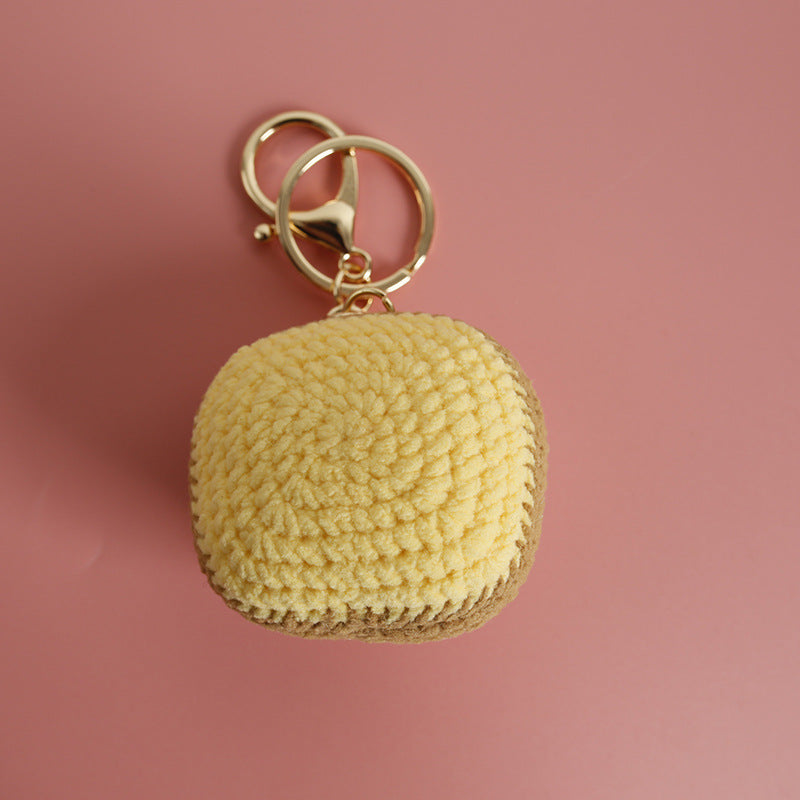 Handmade crochet toast keyring side view