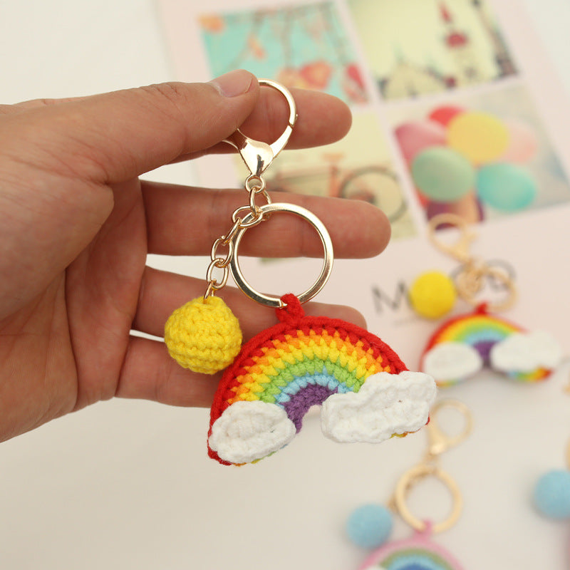 Handmade crochet rainbow keyring in multicolour yarn