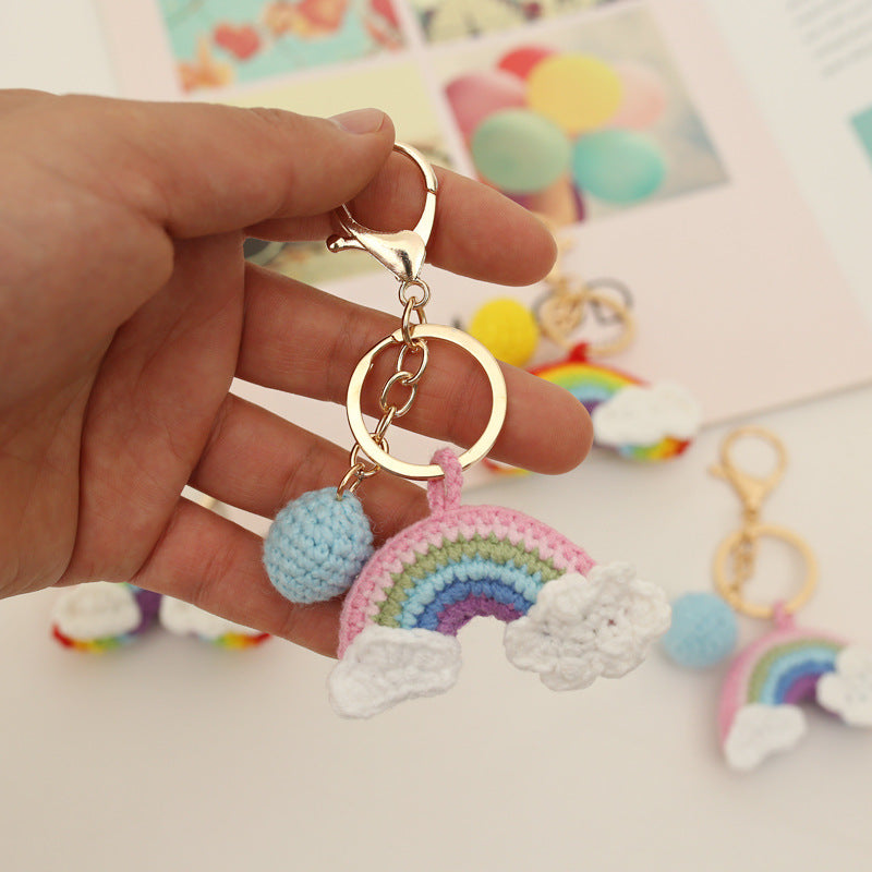 Crochet rainbow keyring showing colour stripe detail