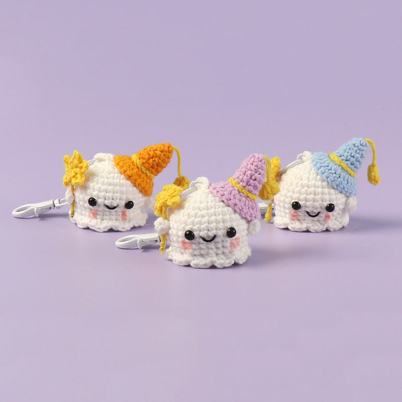 Handmade crochet moody ghost keyring in soft white yarn
