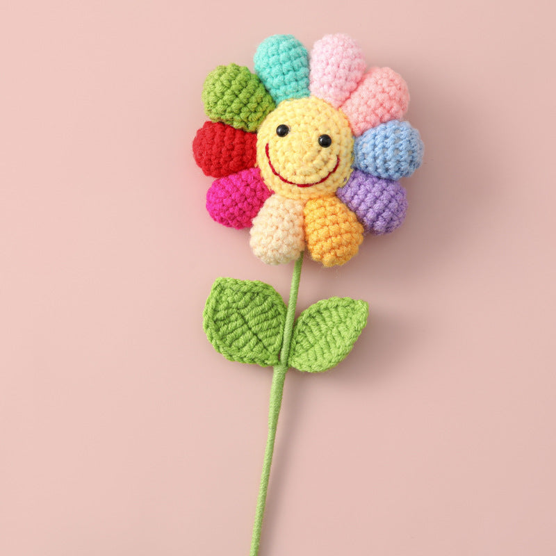 Crochet rainbow sunflower stem showing colour spectrum detail