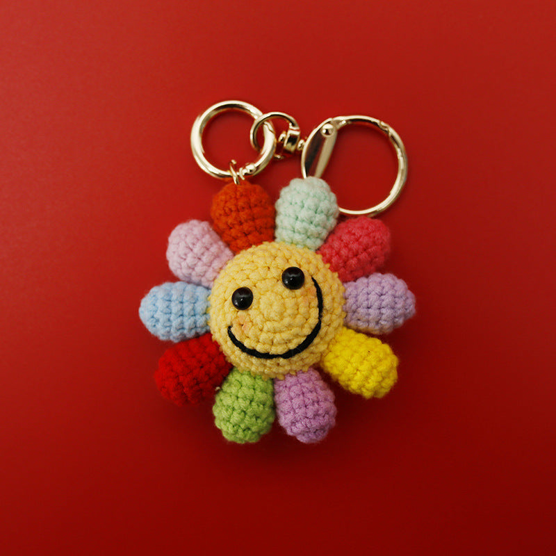 Crochet large rainbow flower keyring front view