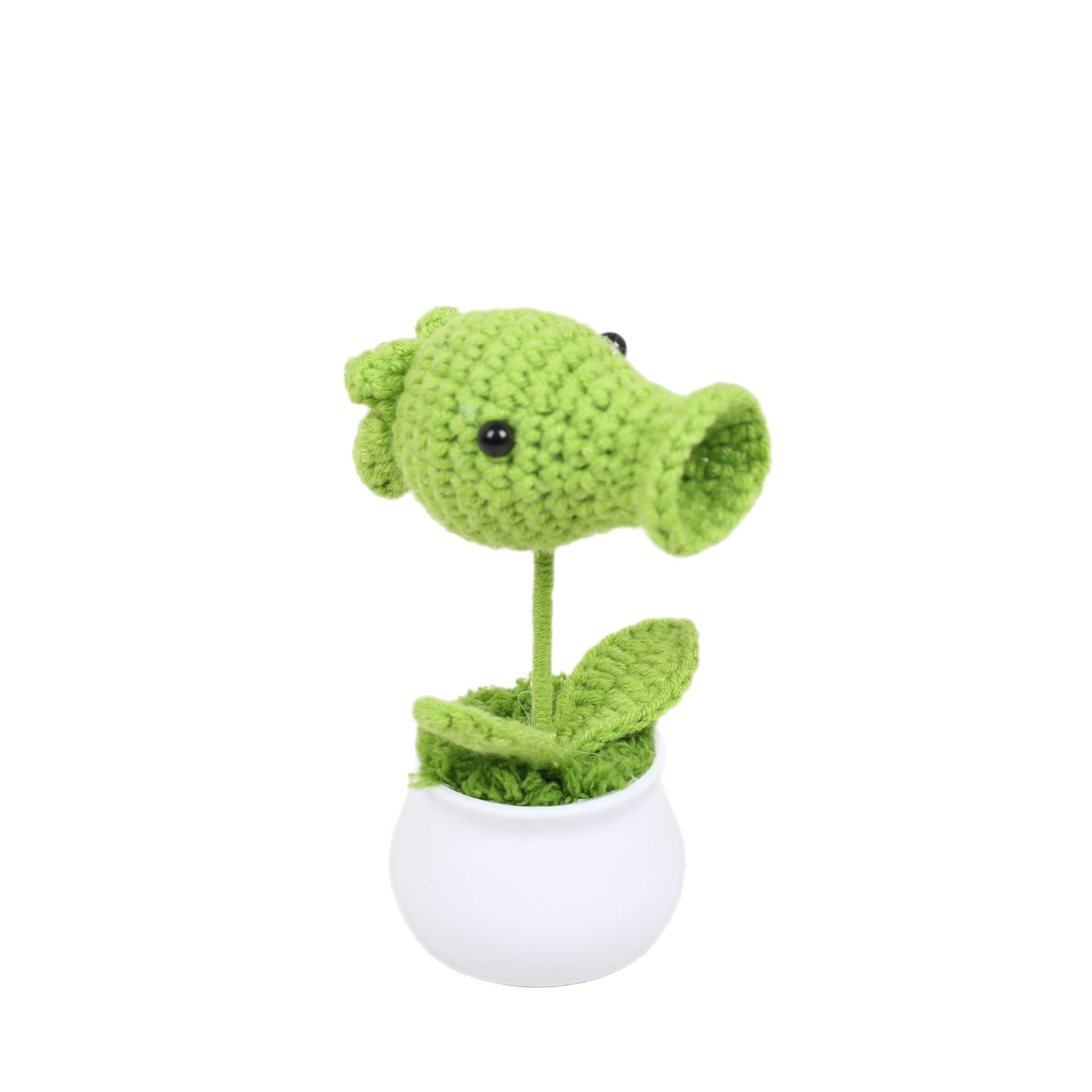Crochet peashooter plant pot front view