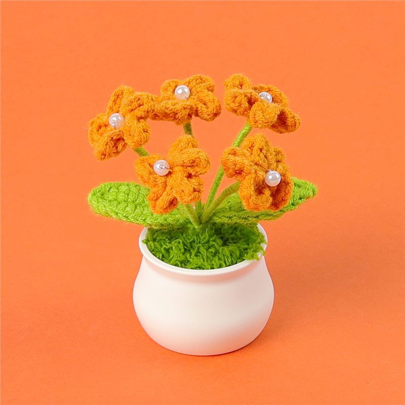 Handmade crochet hydrangea plant pot side view