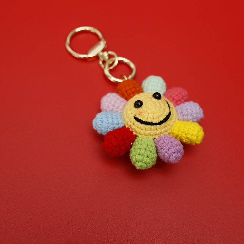 Handmade large crochet flower keyring close-up petal detail