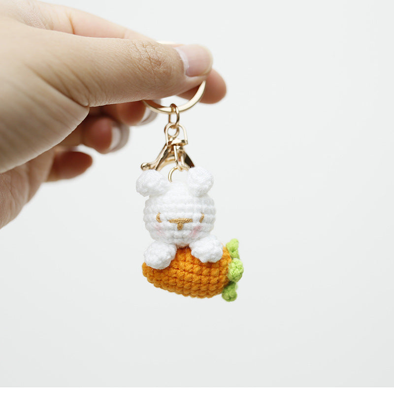 Handmade crochet bunny and carrot keyring in soft yarn