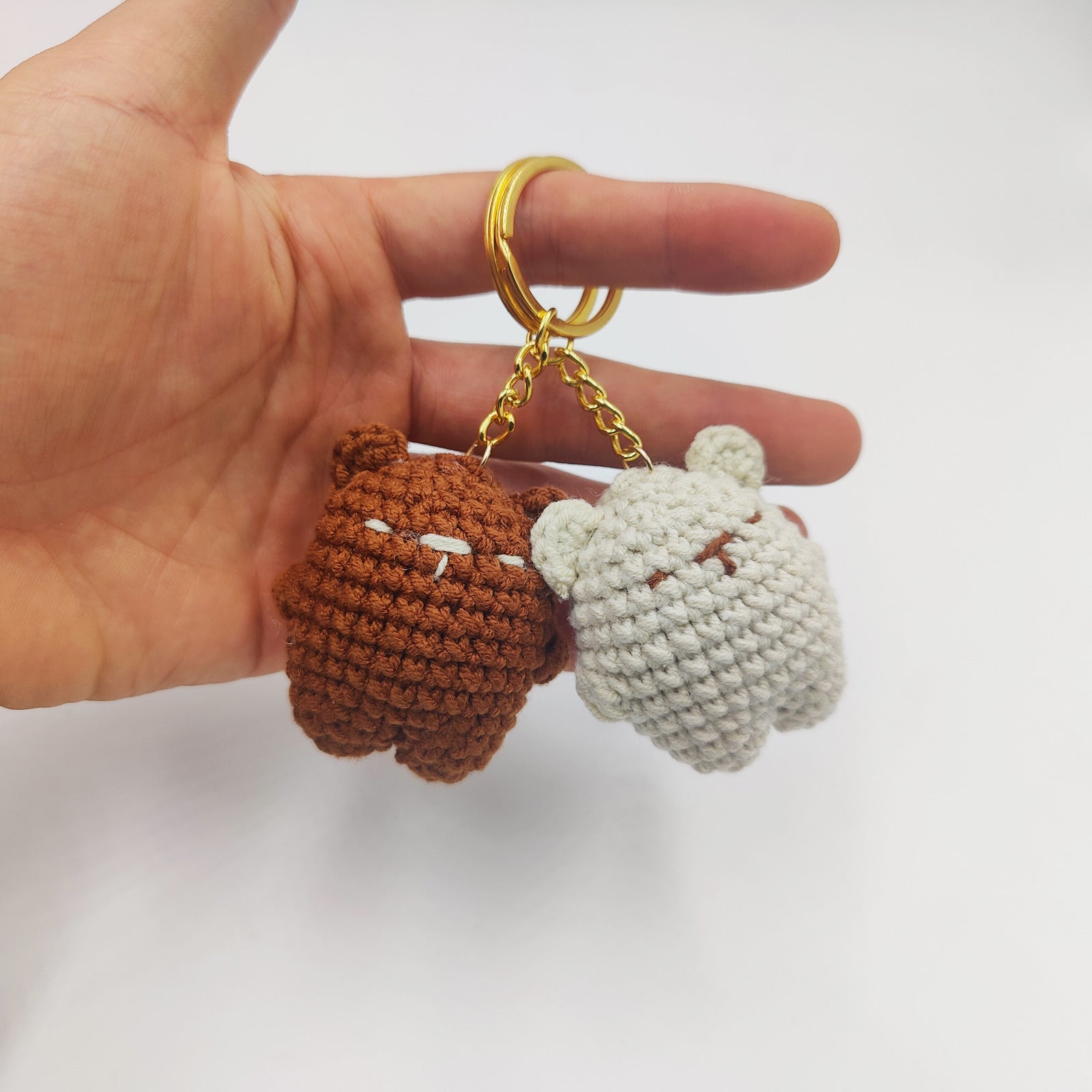Handmade crochet bear cookie keyring in soft yarn