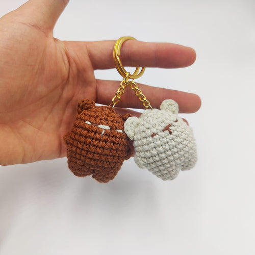 Handmade crochet bear cookie keyring in soft yarn