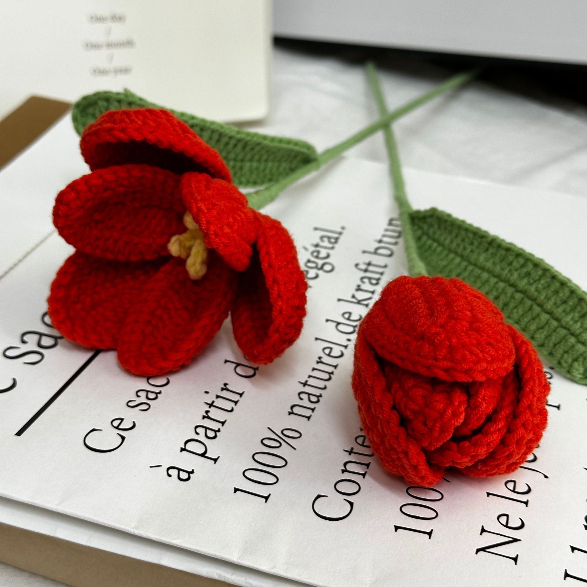 Handmade crochet tulip stem with smooth cup-shaped bloom