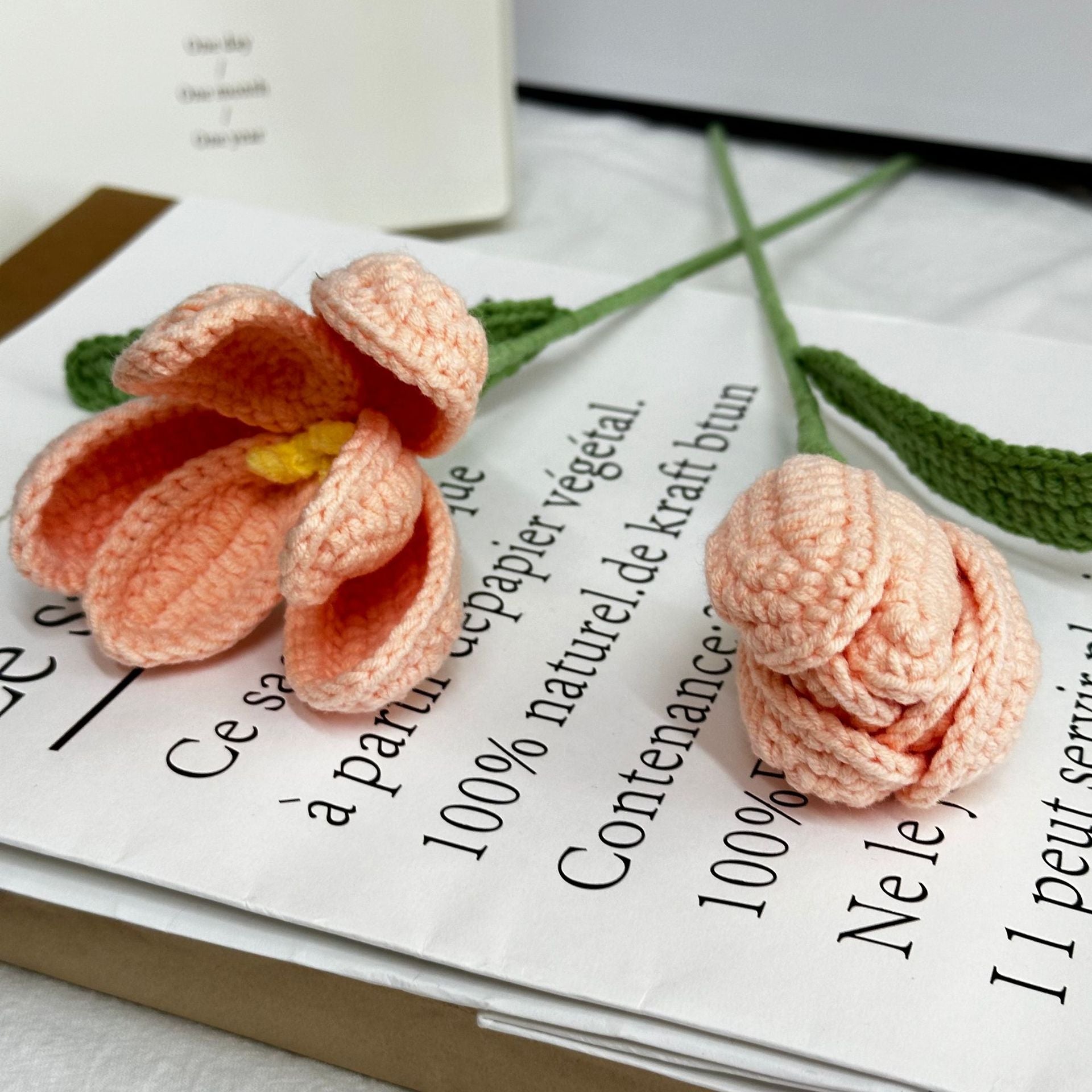Crochet tulip stem showing clean bloom lines in soft yarn