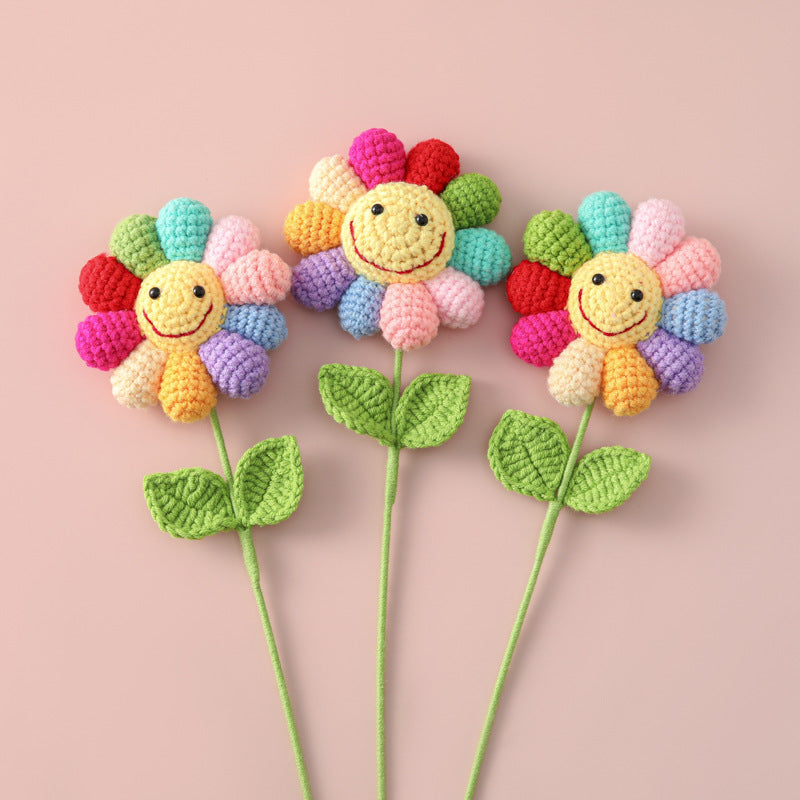 Handmade crochet rainbow sunflower stem with multicolour petals