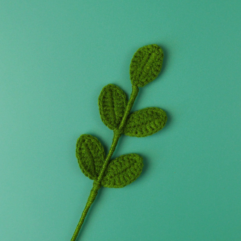 Crochet leaf stem close-up showing vein detail