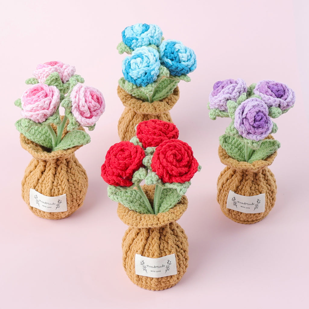 Handmade crochet rose medium plant pot with full bloom