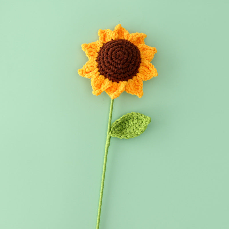 Crochet sunflower stem close-up showing petal detail