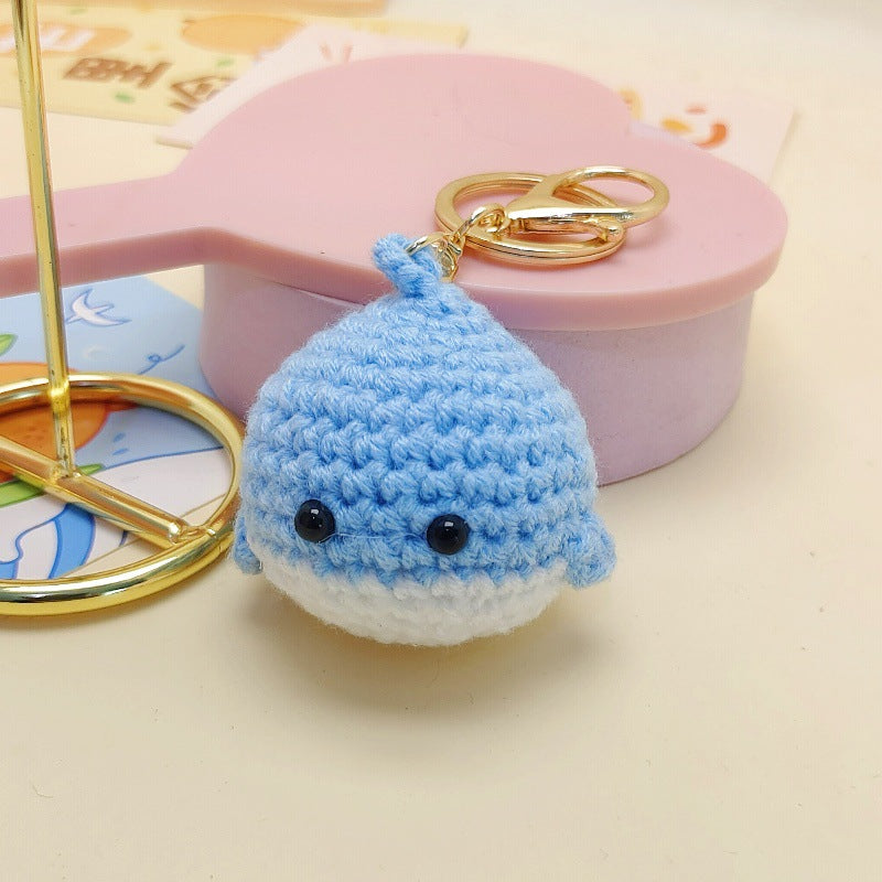 Crochet whale keyring showing round body detail