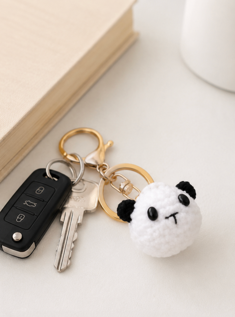 Handmade panda crochet keyring side detail