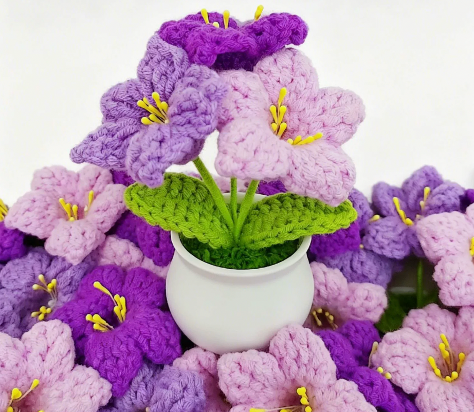 Handmade crochet Denmark bell flower plant in a small decorative pot
