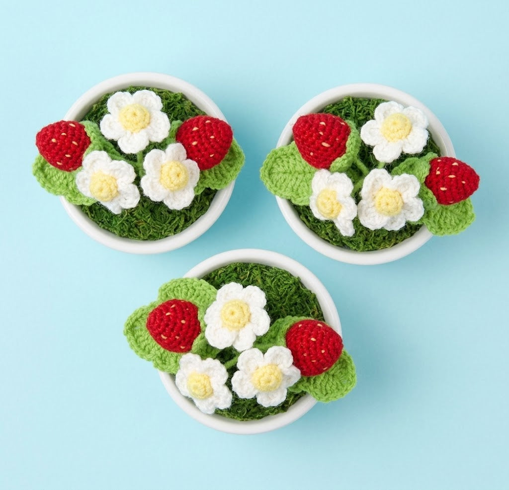 Crochet strawberry pot plant close-up showing berry detail