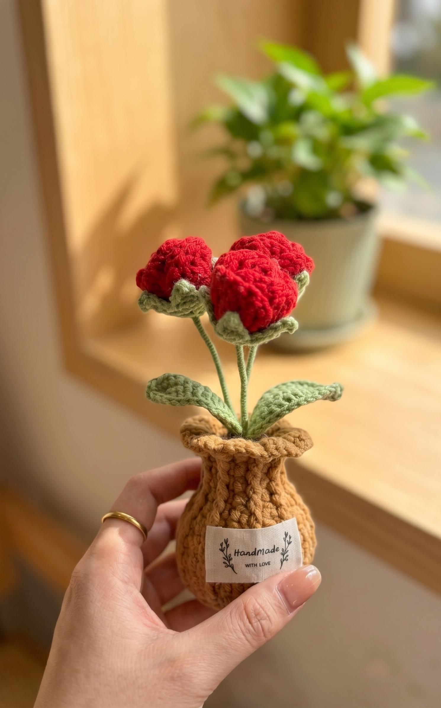 Crochet rose medium pot showing full layered petals