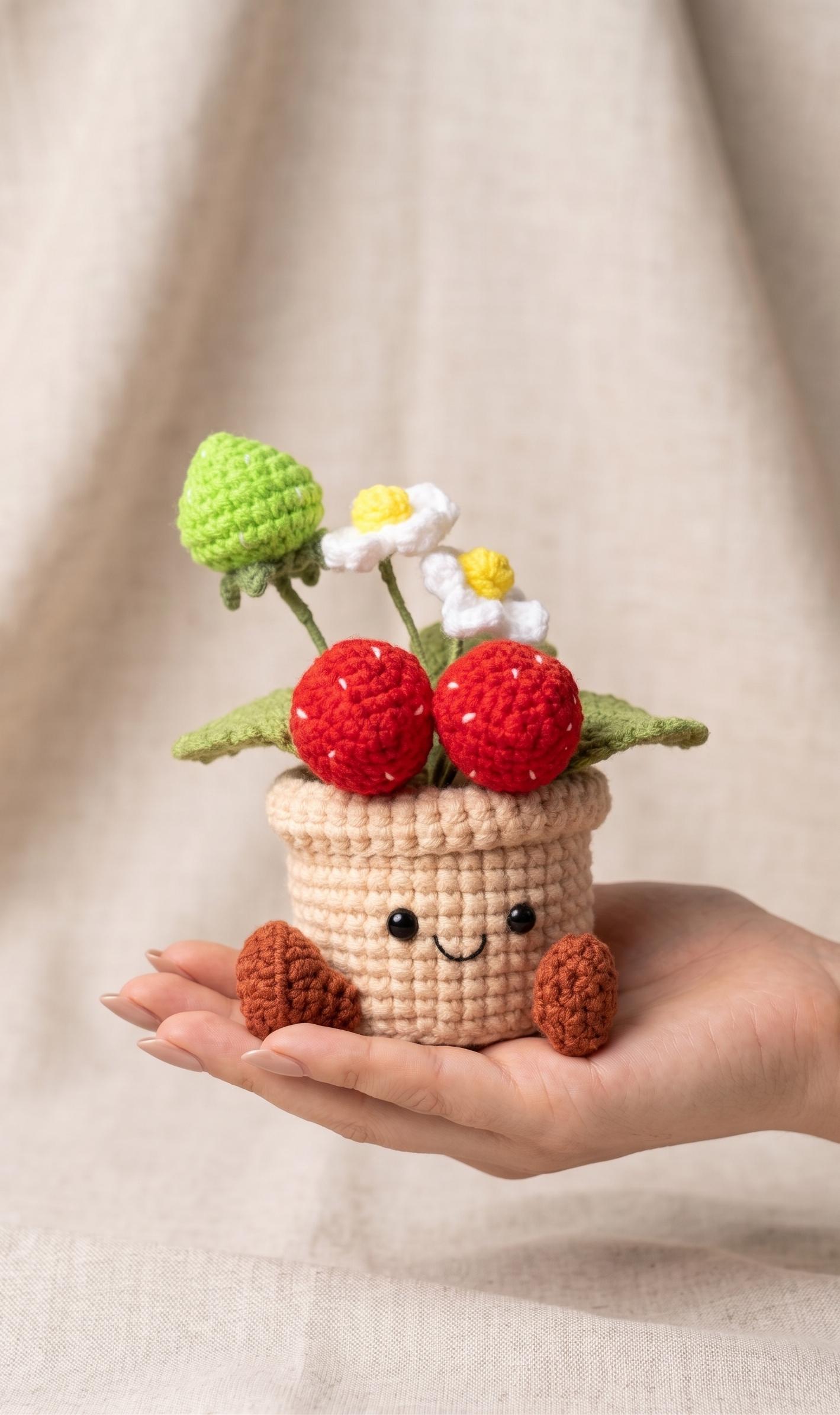 Handmade crochet strawberry medium plant pot with full berry display