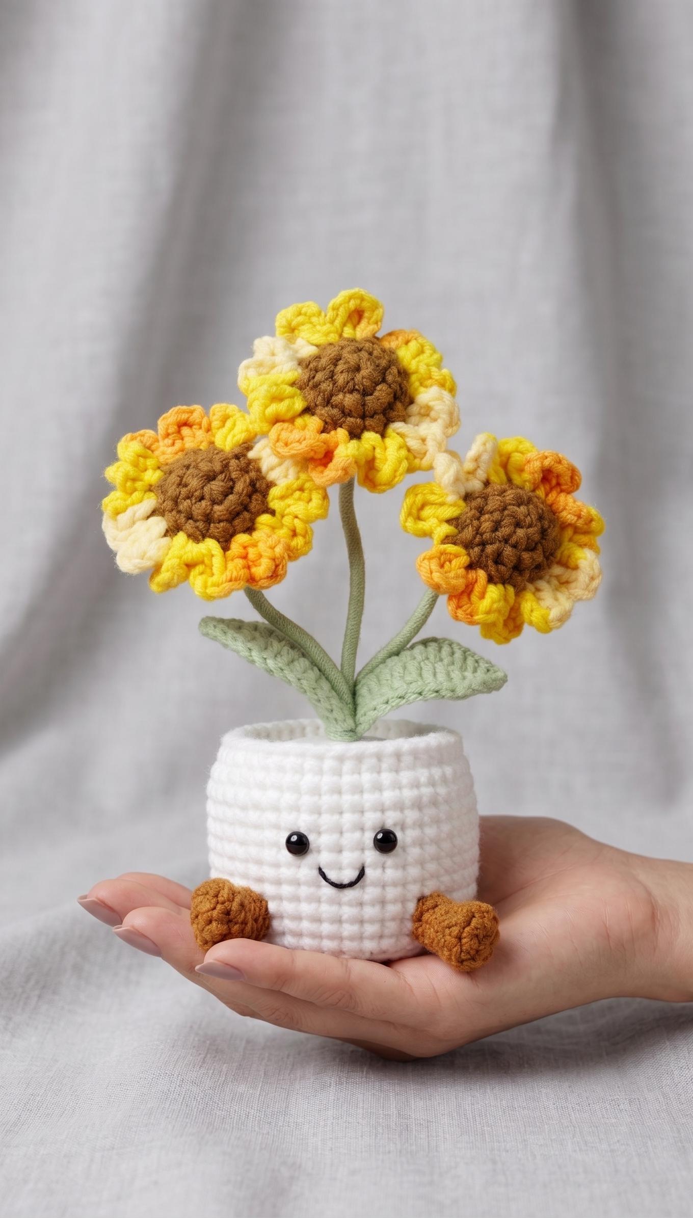 Handmade crochet three-head sunflower plant in a medium decorative pot