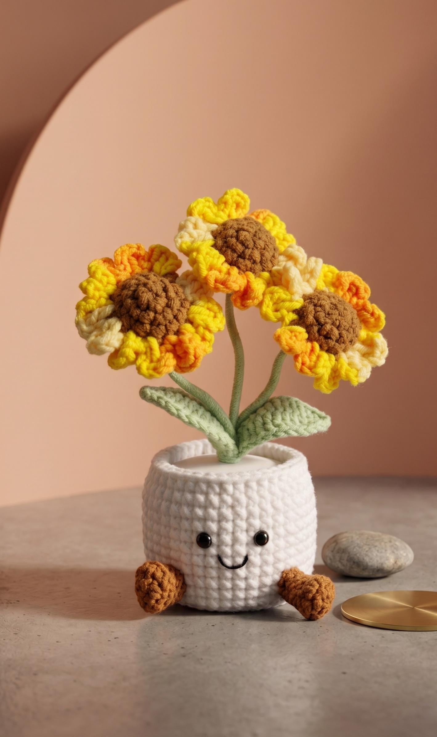 Crochet three-head sunflower plant pot on display