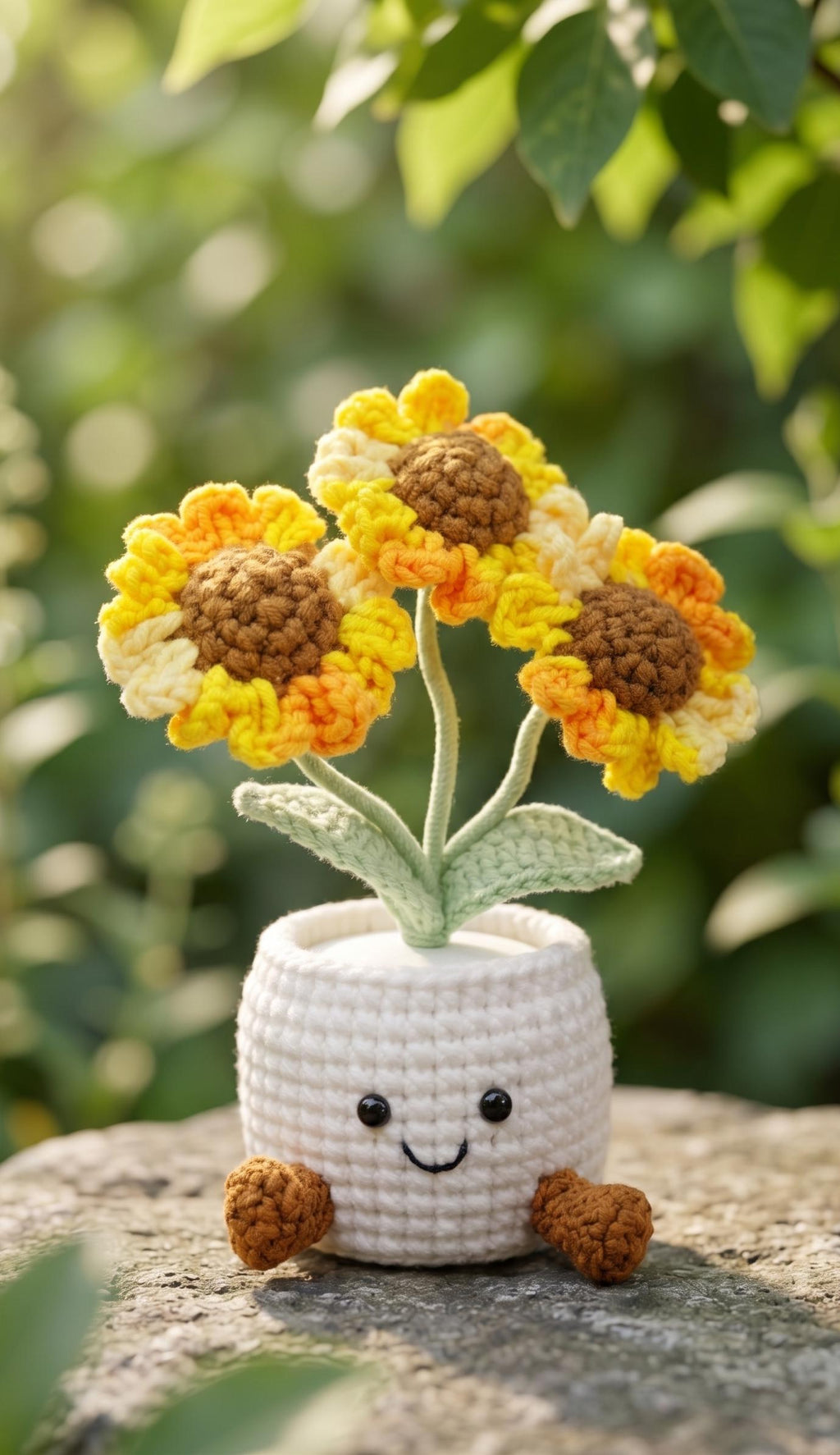 Handmade three-head sunflower crochet plant close-up detail