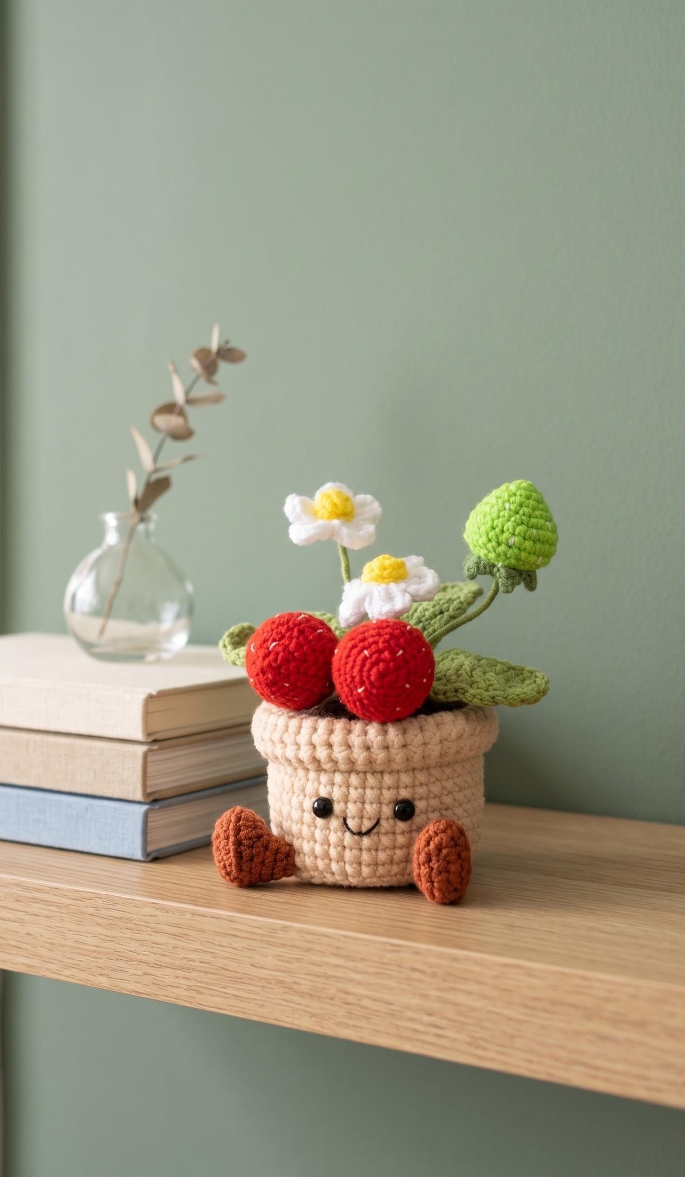Handmade strawberry crochet medium plant pot on display