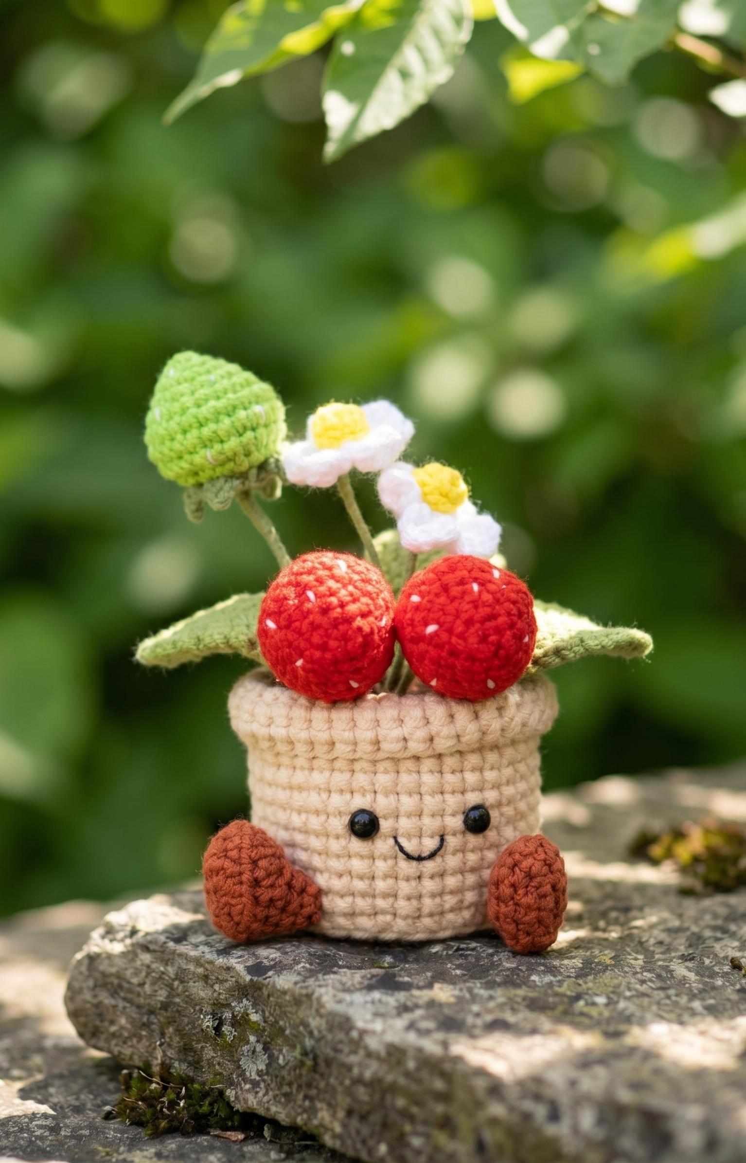 Crochet strawberry medium pot showing berries and leaves